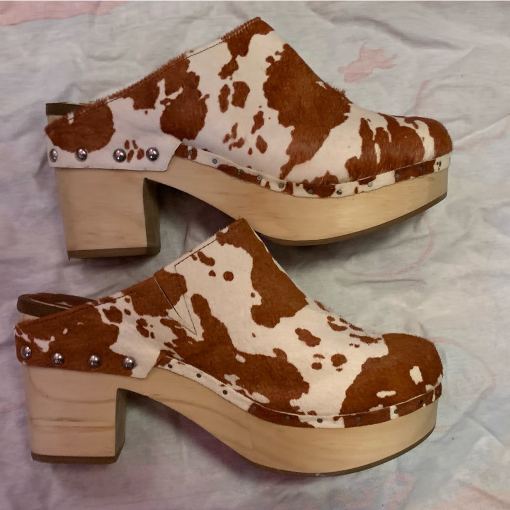 Wooden “pony hair?”Cow Print Clog Mule